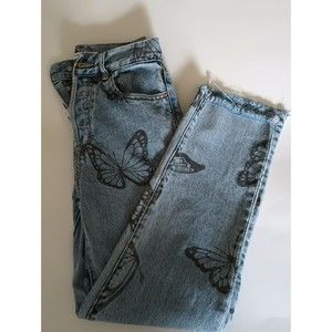 PacSun High Rise Straight Jeans Blue Butterfly Five Button Fly Pockets Sz 23